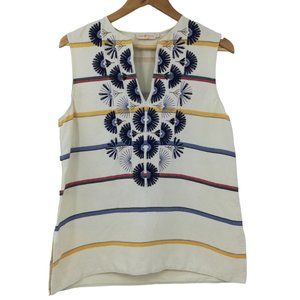 Tory Burch Avery Sleeveless Tunic Size 10 Embroidered Striped Linen  Cotton